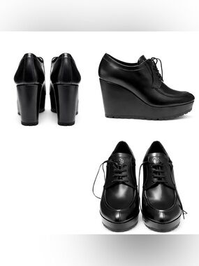Prada Black Leather Platform Wedge Oxfords | Lug Sole | Size 39 | Like New